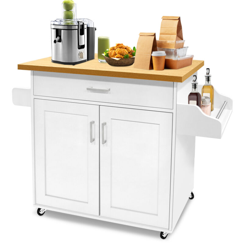 foto del prodotto aufun mobile da cucina mobile da cucina con piano di lavoro, isola da cucina, carrello da portata con ruote, colore legno, bianco, 115 x 36 x 90 cm
