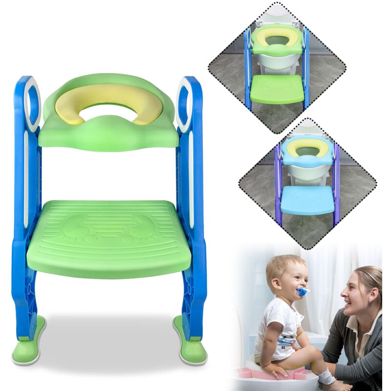 foto del prodotto aufun sedile wc per bambini con scala regolabile, con cuscino in poliuretano, adatto per wc da 38 a 42 cm, per bambini da 1 a 7 anni, blu verde