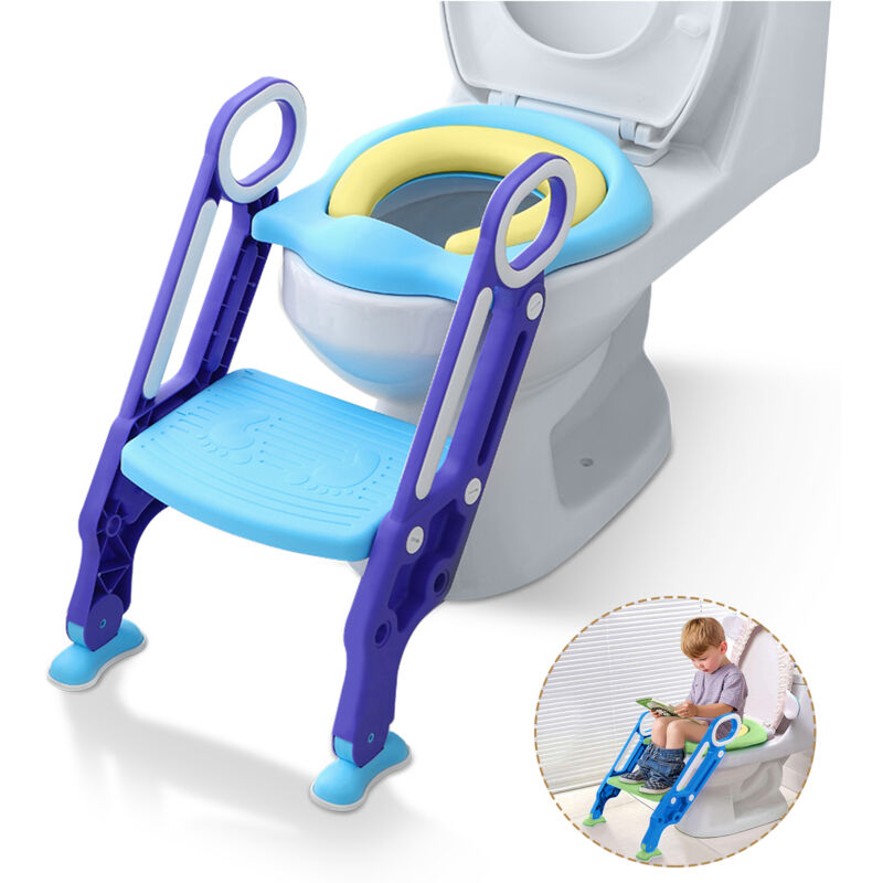 foto del prodotto aufun sedile wc per bambini con scala regolabile, con cuscino in poliuretano, adatto per wc da 38 a 42 cm, per bambini da 1 a 7 anni, blu viola