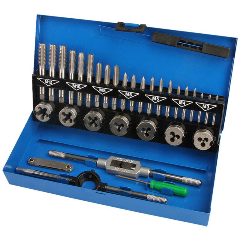 foto del prodotto aufun set di 32 pezzi filiera per filettatura, set di maschi metriche m2 m18, con scatola di immagazzinaggio