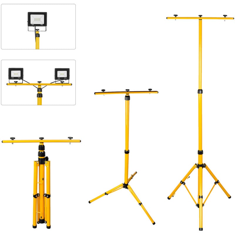 foto del prodotto aufun treppiede telescopico per faretto da costruzione, regolabile in altezza da 64 a 154 cm, pu impostare 2 luci, giallo