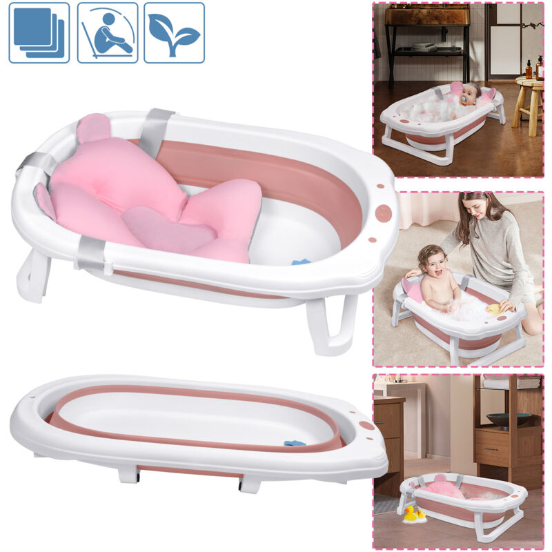 foto del prodotto aufun vasca da bagno bagnetto pieghevole per bambini con piedini antiscivolo, stabile plastica pp e tpe, 82 x 50 x 22 cm, rosa con cuscino per vasca
