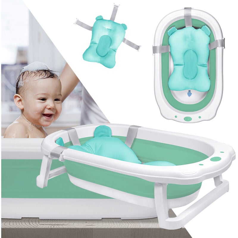 foto del prodotto aufun vasca da bagno bagnetto pieghevole per bambini con piedini antiscivolo, stabile plastica pp e tpe, 82 x 50 x 22 cm, verde con cuscino per