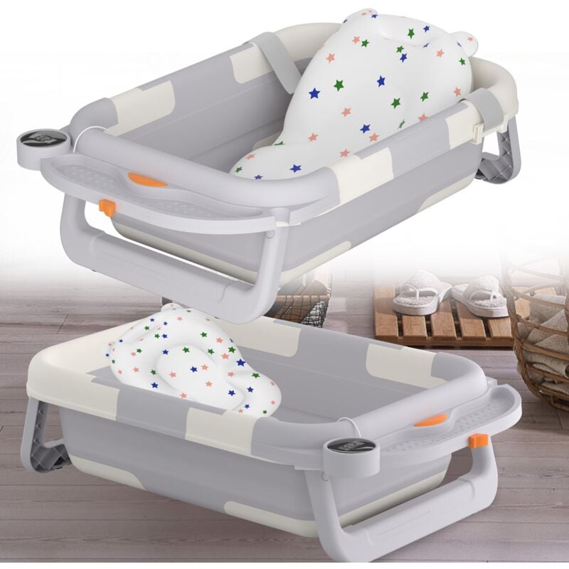 foto del prodotto aufun vasca da bagno pieghevole per bambini con cuscino per seduta, seggiolino portatile per bambini, vasca da bagno pieghevole, antracite display