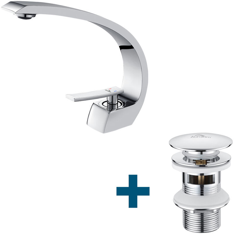 foto del prodotto aularum rubinetto lavabo miscelatore monocomando per bagno pop up valvola di scarico con troppo pieno universale