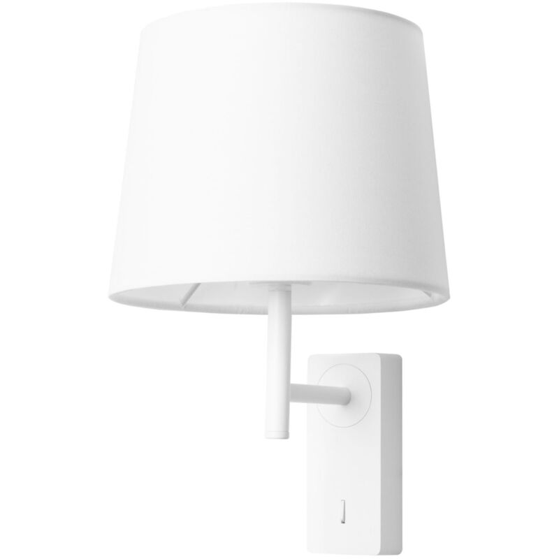 foto del prodotto aura aplique de pared para dormitorio e27 con interruptor on off en la base. color blanco con pantalla de textil
