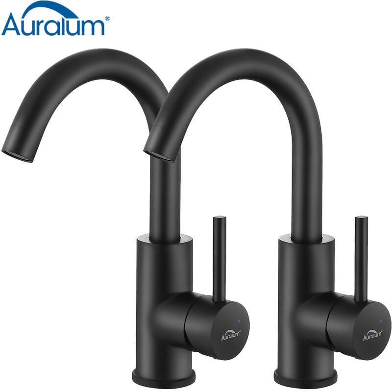 foto del prodotto auralum 2pcs rubinetto lavabo negro girevole a 360 rubinetto miscelatore lavabo bagno, miscelatore monocomando per bagno con aeratori rimovibili