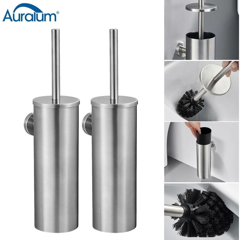 foto del prodotto auralum 2pcs scopino per wc bagno in acciaio inox spazzolato spazzolone wc con portascopino, coperchio, resistente agli schizzi, spazzola bagno wc