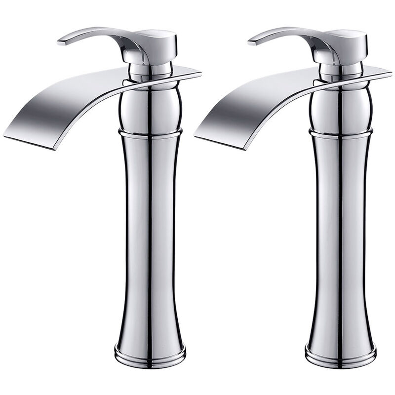 foto del prodotto auralum 2x rubinetto bagno lavabo cascata cromato, miscelatore alto altezza bocca 223mm per lavabo appoggio in ottone, rubinetti monocomando