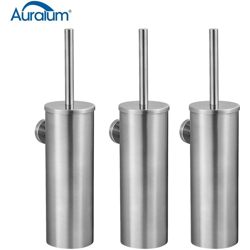 foto del prodotto auralum 3pcs scopino per wc bagno in acciaio inox spazzolato spazzolone wc con portascopino, coperchio, resistente agli schizzi, spazzola bagno wc