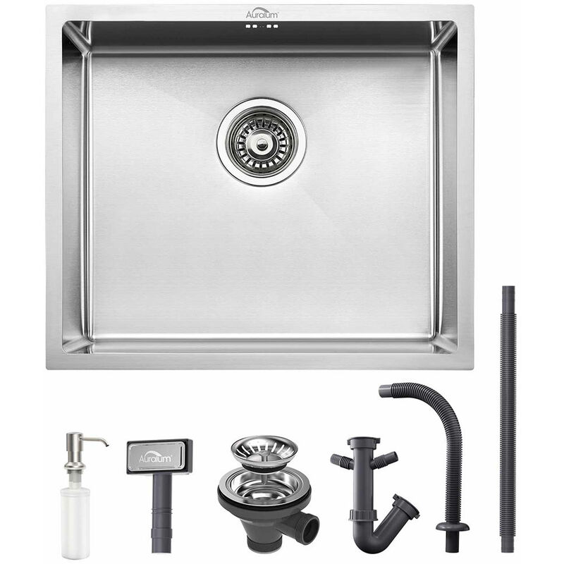 foto del prodotto auralum 50x43cm lavello cucina in acciaio inox, lavandino cucina quadrato con set di drenaggio e dispenser sapone, da appoggio, incassoda o filotop