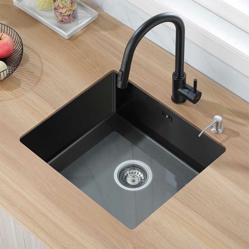 foto del prodotto auralum 50x43cm lavello cucina incasso in acciaio inox con gocciolatoio e sifone lavelli da cucina 1 vasca nero lavastoviglie collegabile 