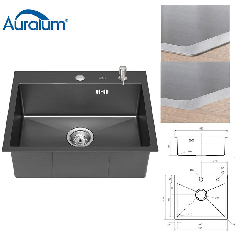 foto del prodotto auralum 55 x 45 cm lavello da cucina 1 vasca in acciaio inox con 300ml dispenser sapone, lavandino cucina da appoggio o filotop, lavello incasso