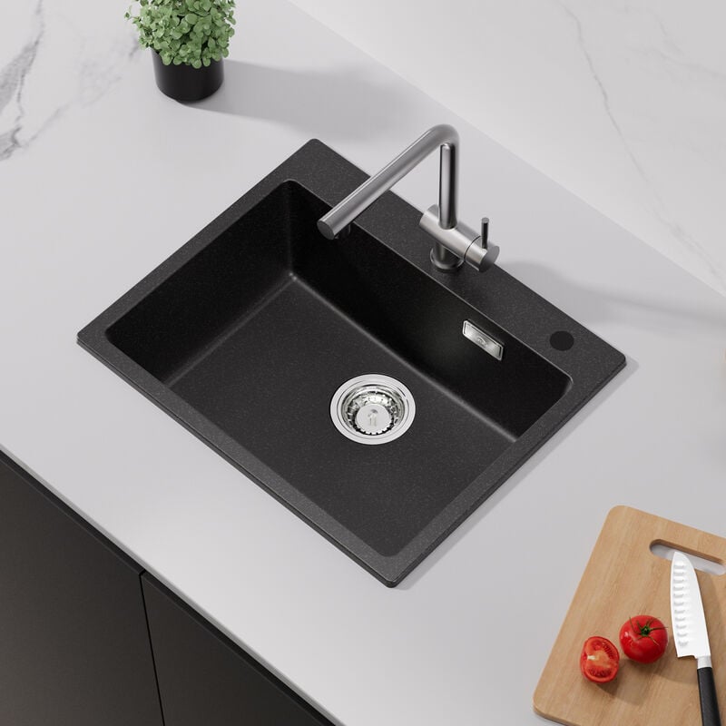 foto del prodotto auralum 55 x 45 cm lavello da cucina 1 vasca in granite resina nero, quadrato lavello da appoggio con troppopieno e sifone, protezione ambientale