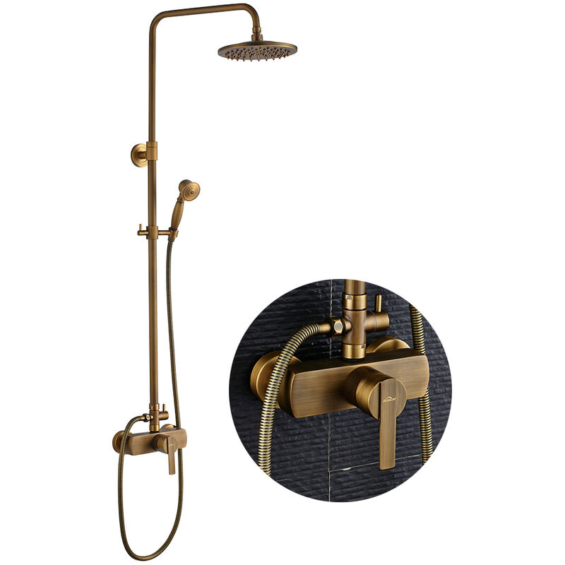 foto del prodotto auralum colonna doccia con miscelatore retro spazzolato ottonato set de doccia con soffione a pioggia 200mm e doccetta 55mm altezza regolabile