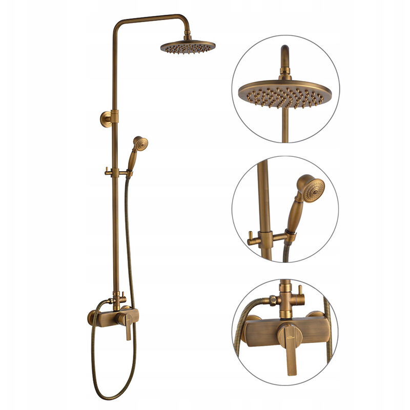 foto del prodotto auralum colonna doccia con miscelatore retro spazzolato ottone, set de doccia con rotondo soffione 20cm e doccetta, altezza regolabile dopo