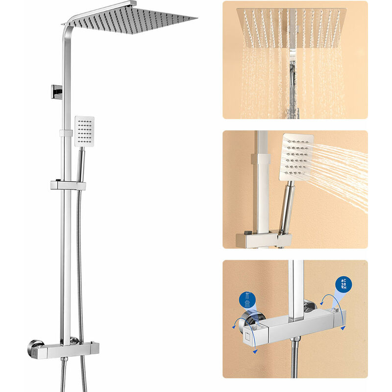 foto del prodotto auralum colonna doccia con miscelatore termostatico, set doccia termostatico in acciaio inox, set doccia con soffione a 30cm e doccetta, altezza