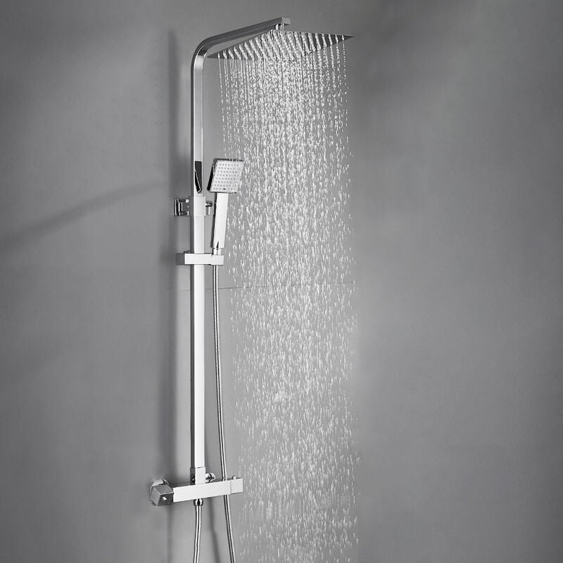 foto del prodotto auralum colonna doccia cromato colonna doccia con miscelatore termostatico, set doccia con soffione quadrato 248mm e doccetta, asta doccia