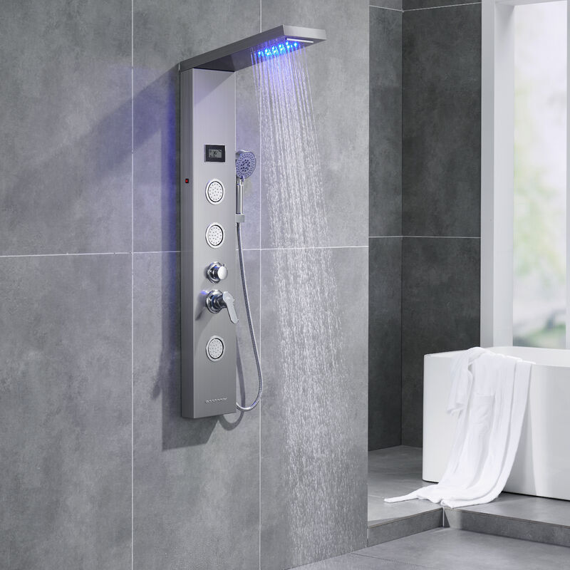 foto del prodotto auralum colonna doccia idromassaggio pannello doccia a pioggia led soffione doccia set acciaio inox spazzolato con indicatore della temperatura