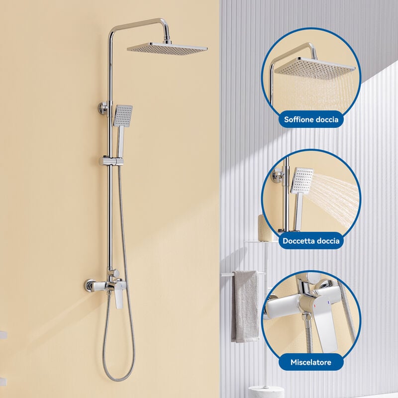 foto del prodotto auralum colonna doccia miscelatore quadrato, set doccia a 2 funzioni con soffione e doccetta, colonna doccia altezza regolabile dopo