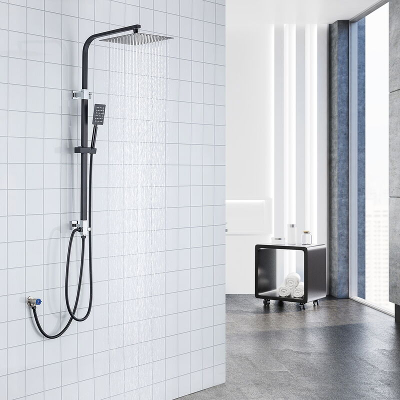foto del prodotto auralum colonna doccia senza miscelatore nera, set doccia acciaio inox con soffione quadrato a 25cm e doccetta, tubo flessibile doccia 150cm, asta