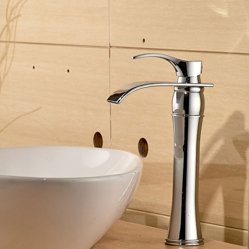 foto del prodotto auralum cromo bagno monocomando miscelatore rubinetto alta a cascata per lavabo, con bocca alta di erogazion, fredda e calda regolabile