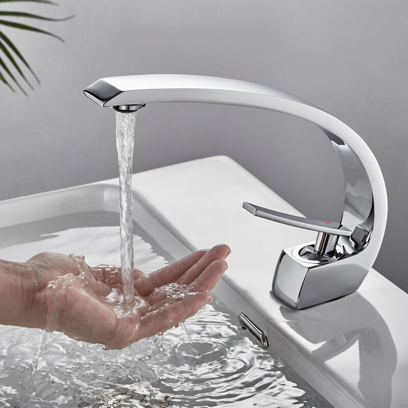 foto del prodotto auralum cromo curvo rubinetto lavabo bagno, miscelatore lavabo monocomando, rubinetto lavabo, acqua fredda e calda