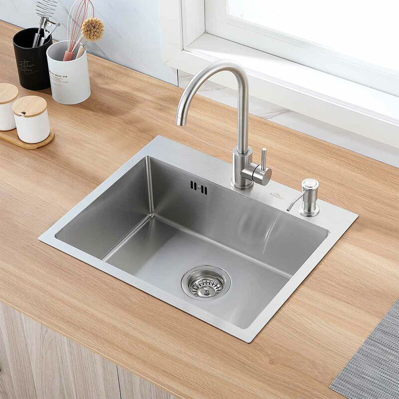 foto del prodotto auralum lavello cucina 1 vasca in acciaio inox 55x45cm, lavandino cucina vasca singola, lavello incasso da appoggio o filotop, con dispenser di
