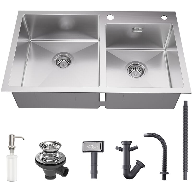 foto del prodotto auralum lavello cucina 2 vasche 75x45cm lavello da incasso cucina due vasche acciaio inox con dispenser per sapone 300 ml, troppopieno e sifone