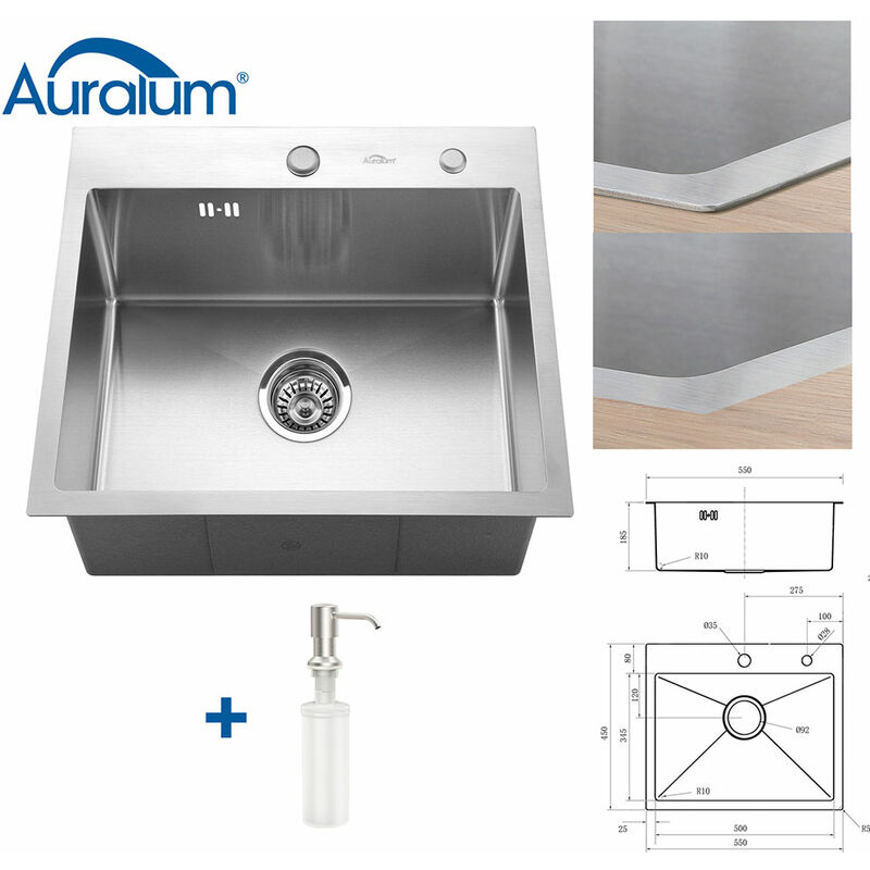 foto del prodotto auralum lavello cucina 55x45cm in acciaio inox spazzolato, lavandino cucina incasso vasca singola con dispenser di sapone e sifone, da appoggio o