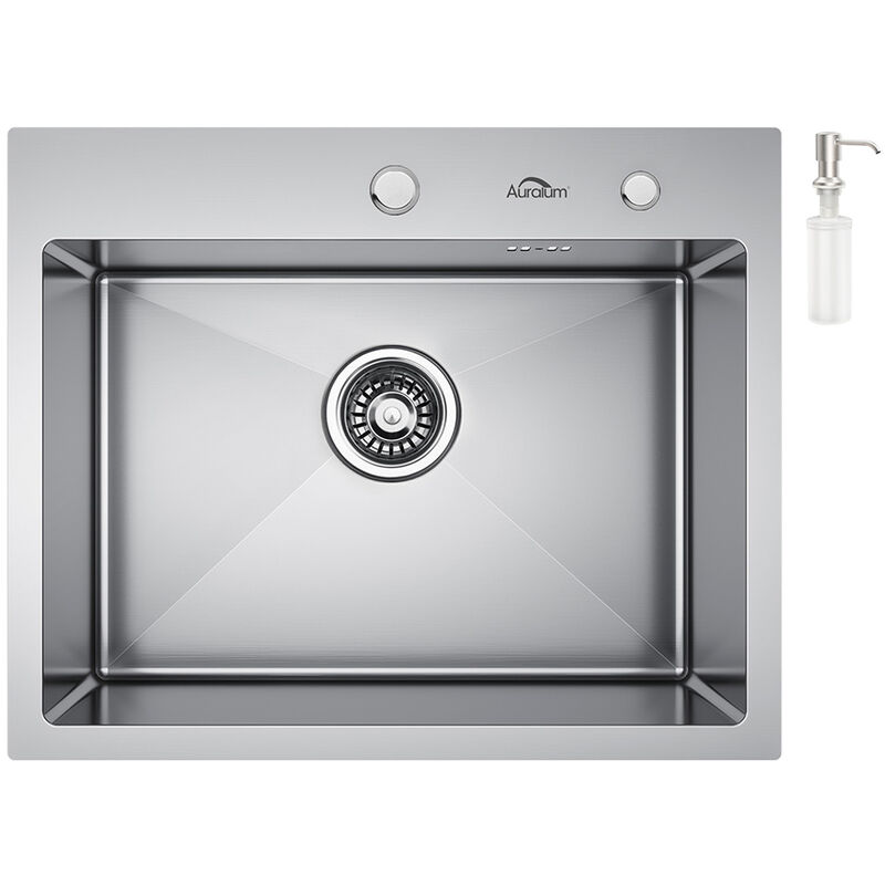 foto del prodotto auralum lavello da cucina 1 vasca 55x45cm in acciaio inox, lavandino incasso quadrato con 300ml dispenser di sapone e sifone, da appoggio o filotop