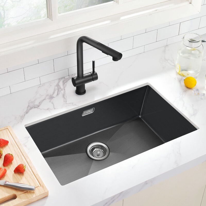 foto del prodotto auralum lavello da cucina 1 vasca 70 x 44 cm, lavello incasso in acciaio inox con troppopieno e sifone, grigio scuro