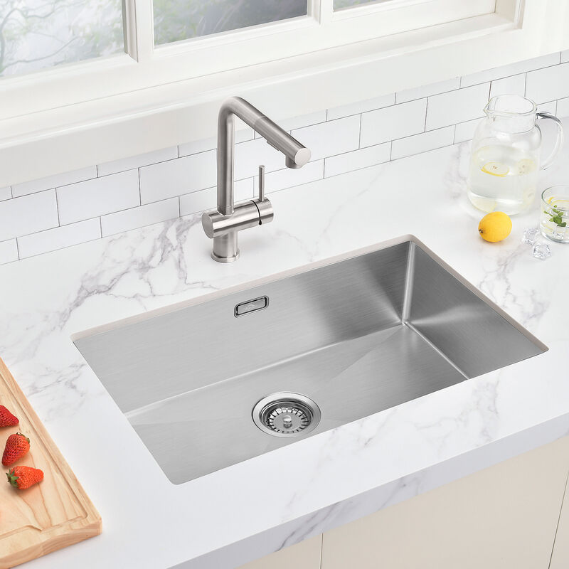 foto del prodotto auralum lavello da cucina 1 vasca 70 x 44 x 19 cm lavandino cucina in acciaio inox spazzolato con troppopieno e sifone, senza piombo, protezione