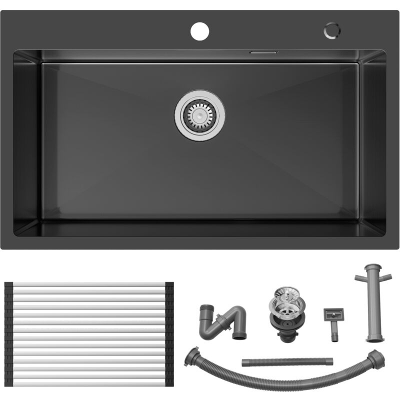 foto del prodotto auralum lavello da cucina 1 vasca 75 x 45 cm lavello incasso vasca singola in acciaio inox con scolapiatti avvolgibile e sifone, grigio scuro
