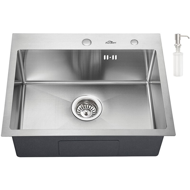 foto del prodotto auralum lavello da cucina 1 vasca in acciaio inox spazzolato con 300ml dispenser sapone 55x45 cm lavandino cucina da incasso con troppopieno senza
