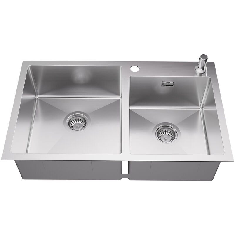 foto del prodotto auralum lavello da cucina 2 vasche 75x45cm lavello incasso cucina due vasche acciaio inox spazzolato con dispenser per sapone 300 ml, troppopieno e
