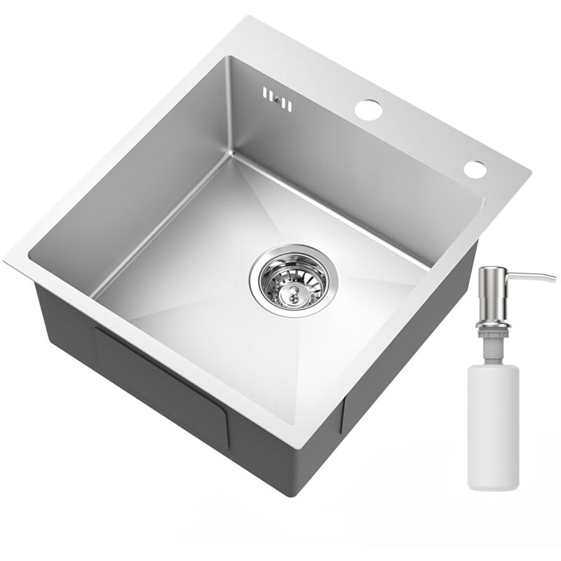 foto del prodotto auralum lavello da cucina 44 x 49 cm in acciaio inox lavello da incasso con 2 fori di montaggio set di scarico dispenser di sapone, argento