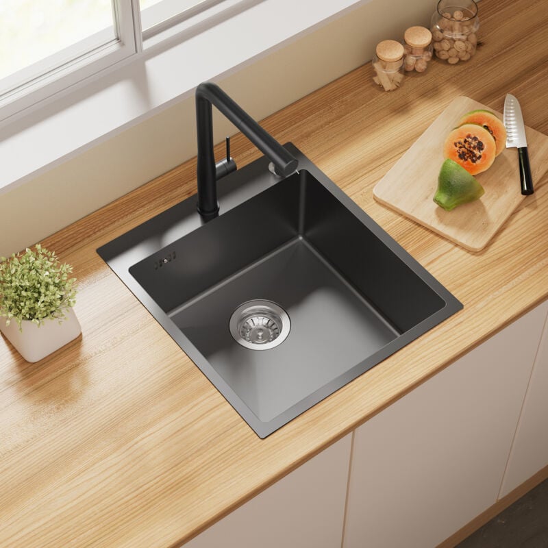 foto del prodotto auralum lavello da cucina 44 x 49 cm in acciaio inox lavello da incasso con 2 fori di montaggio set di scarico dispenser di sapone, nero grigio