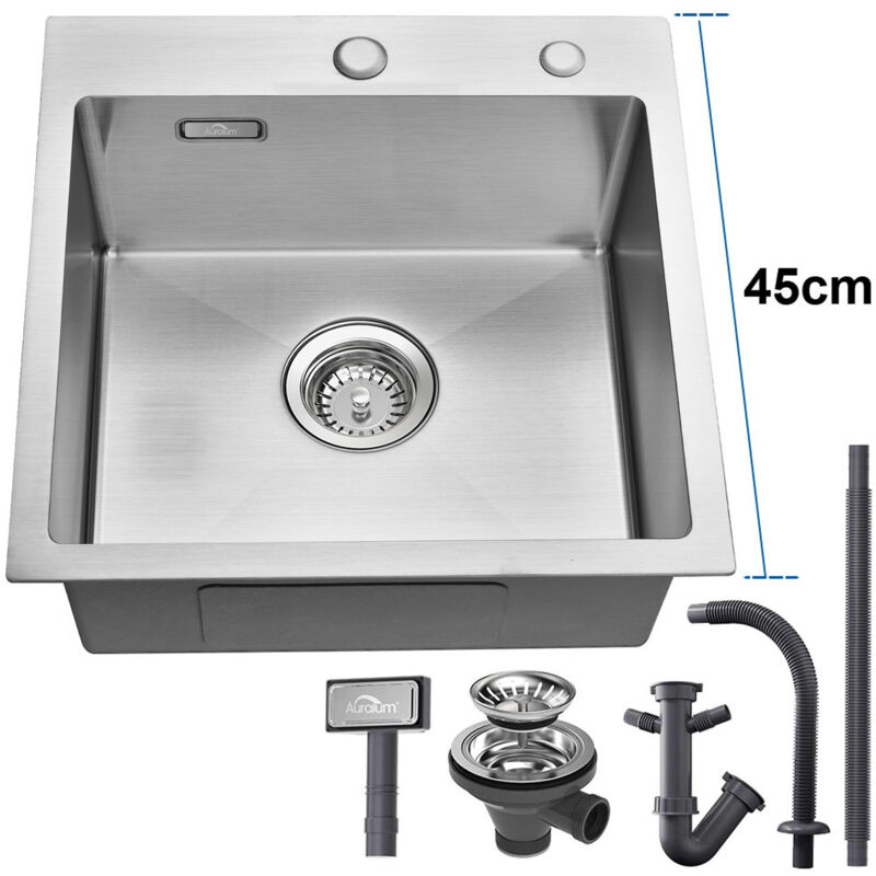 foto del prodotto auralum lavello da cucina 45 x 45 cm, lavandino cucina, lavello quadrato in acciaio inox spazzolato con troppopieno e sifone, senza piombo,