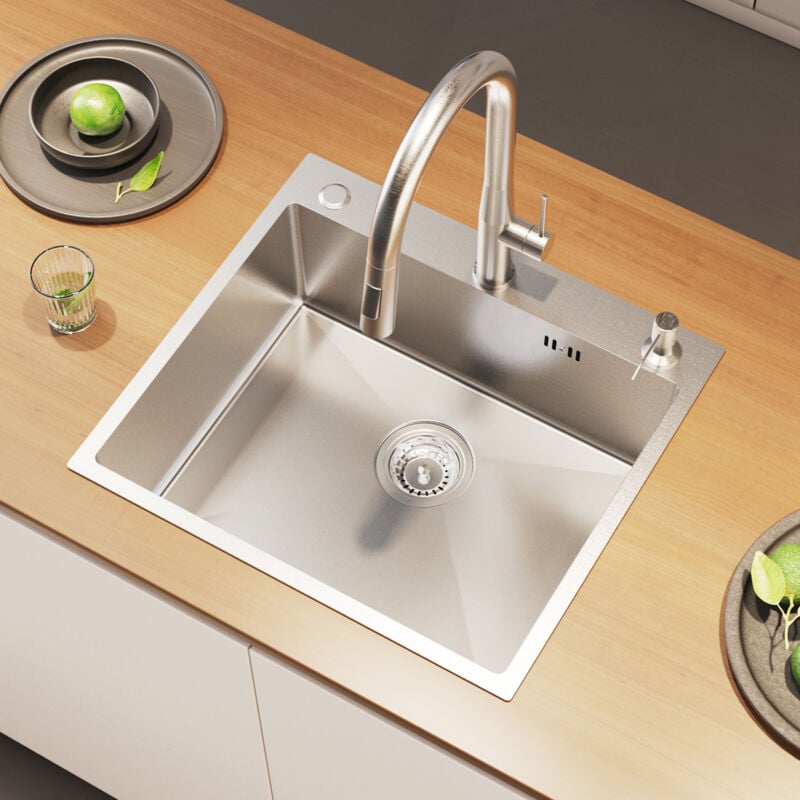 foto del prodotto auralum lavello da cucina 54 x 49 cm in acciaio inox lavello da incasso con 3 fori di montaggio set di scarico dispenser di sapone, argento