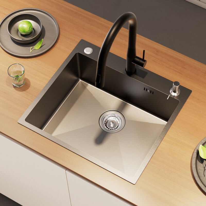 foto del prodotto auralum lavello da cucina 54 x 49 cm in acciaio inox lavello da incasso con 3 fori di montaggio set di scarico dispenser di sapone, nero grigio