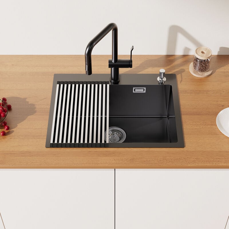 foto del prodotto auralum lavello da cucina 58x45x18cm lavello incasso in acciaio inox grigio scuro, lavello cucina quadrato con 300ml dispenser di sapone e cestello