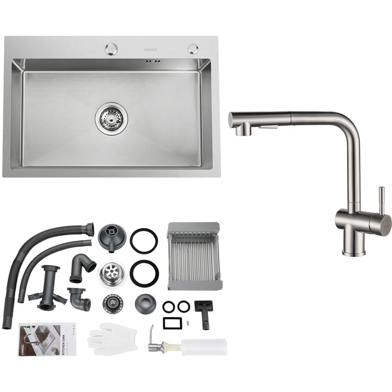 foto del prodotto auralum lavello da cucina 68 x 45 cm lavello incasso in acciaio inox con rubinetto da cucina estraibile girevole a 360, dispenser di sapone e