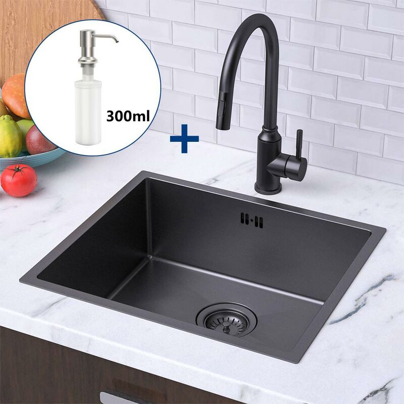 foto del prodotto auralum lavello da cucina in acciaio inox, 50x43cm lavandino cucina vasca singola con dispenser di sapone e sifone, da appoggio, incassoda o filotop