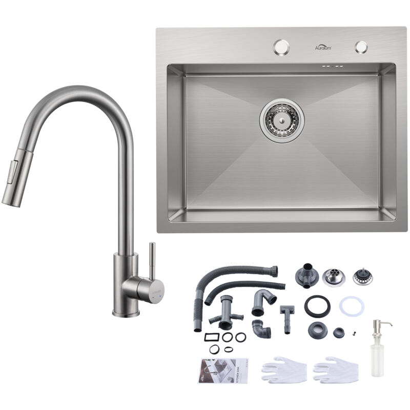 foto del prodotto auralum lavello da cucina in acciaio inox 55 x 45 cm da incasso per basi da 60 cm rubinetto da cucina estraibile spazzolato