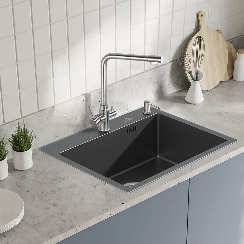 foto del prodotto auralum lavello da cucina in acciaio inox 55 x 45 cm, lavandino incasso vasca singola, da appoggio o filotop, con dispenser di sapone, sifone e set