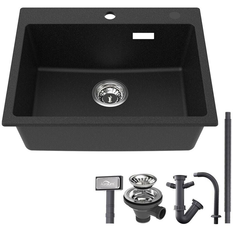 foto del prodotto auralum lavello da cucina in granito e resina 55x45cm lavandino da incasso vasca singola con troppopieno, set di drenaggio e sifone, lavello cucina