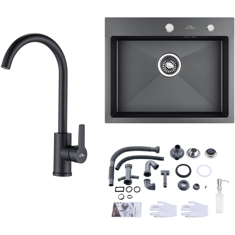 foto del prodotto auralum lavello da cucina lavello da incasso in acciaio inox 55 45 cm nero grigio rubinetto da cucina nero ad alta pressione