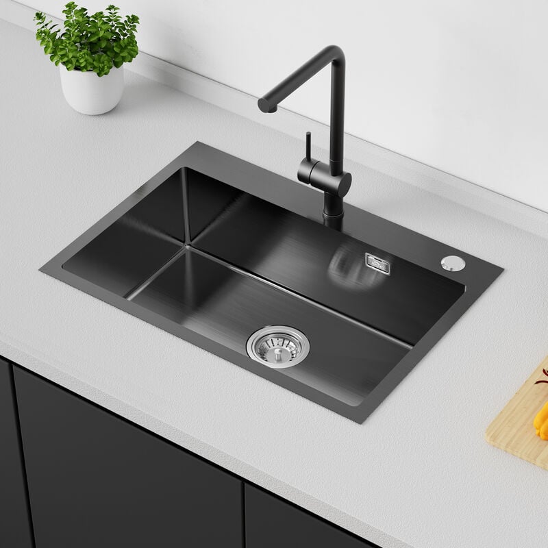 foto del prodotto auralum lavello da cucina vasca singola in acciaio inox, 65x45cm lavandino cucina incasso con sifone set, da appoggio o filotop, senza piombo,