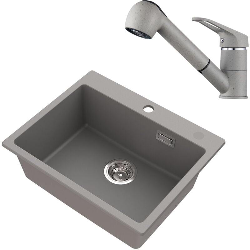 foto del prodotto auralum lavello in granito con miscelatore estraibile, lavello grigio 55 x 45 cm, per basi da 60 cm e superiori